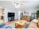 Comfortable living room with hardwood floors, ceiling fan, and cozy leather sofas at 17428 Se 82Nd Albemarle Ave, The Villages, FL 32162