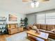 Inviting living room featuring neutral paint, warm lighting, and comfortable leather seating at 17428 Se 82Nd Albemarle Ave, The Villages, FL 32162