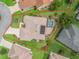 Wonderful aerial view of the screened-in pool and manicured lawn of this home at 1804 Estafana Way, The Villages, FL 32159