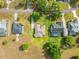 Aerial view of a property nestled among mature trees in a quiet neighborhood; neighboring homes have private pools at 26301 Sackamaxon Dr, Sorrento, FL 32776