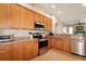 Modern kitchen featuring stainless steel appliances, granite countertops, and wooden cabinets at 27024 Old English Ct, Leesburg, FL 34748