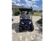 A front view of a blue golf cart parked on the paver driveway of this single-Gathering home at 8433 Sw 98Th Terrace Rd, Ocala, FL 34481