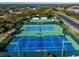 Aerial view of well-maintained tennis courts, surrounded by lush greenery and landscaping, enhancing the community's appeal at 1001 Harmony Ln, Clermont, FL 34711