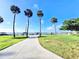 Waterfront view showcasing palm trees, a walkway and a boat dock on the lake at 2037 Lakeshore Dr, Mount Dora, FL 32757