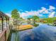 Stunning waterfront view showcasing a home's dock and serene water reflections under a blue sky at 26619 Bimini Dr, Tavares, FL 32778
