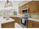 Open kitchen features stainless appliances, island, and views of the living area and pool at 33222 Irongate Dr, Leesburg, FL 34788