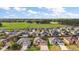Aerial view showcasing a residential community with well-maintained homes and green spaces against a field and treeline backdrop at 3354 Truluck Pl, Oxford, FL 34484