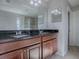 Double vanity with dark countertops and cabinetry, illuminated by modern lighting fixtures, and a view of the tiled shower at 34107 Alameda Dr, Sorrento, FL 32776
