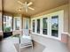 Inviting covered patio featuring elegant ceiling fan and seamless flow to interior spaces through the French doors at 602 Camino Real Blvd # 602, Howey In The Hills, FL 34737