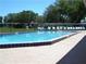 Outdoor swimming pool with plenty of lounge seating and landscaped surroundings at 74 Stone Haven Ct, Leesburg, FL 34788