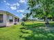 Expansive backyard features a lush lawn, mature trees, and glimpses of neighboring homes, with plenty of space for outdoor activities at 910 Eagles Lndg, Leesburg, FL 34748
