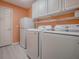 This laundry room features a washer and dryer set, a small refrigerator, and white cabinets for storage at 910 Eagles Lndg, Leesburg, FL 34748