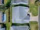 Birds eye view of a well-maintained single Gathering home with a gray roof and manicured yard in a suburban neighborhood at 1010 Ventura Dr, The Villages, FL 32159