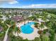 Aerial view of a community pool with tropical landscaping and a covered pavilion, set against a backdrop of neighborhood homes at 1051 Nathan Ridge Rd, Clermont, FL 34715