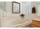 Bathroom featuring a garden tub, glass block window and decorative painting at 13190 Se 93Rd Cir, Summerfield, FL 34491