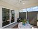 Covered patio with sliding glass doors, dining table, and a view of the fenced backyard at 3222 Miller Stachler St, The Villages, FL 32163