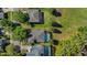 Aerial view showcases a home with a private pool, green lawn, mature trees, and the surrounding neighborhood at 5138 Rishley Run Way, Mount Dora, FL 32757