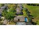 Aerial view showcasing backyard pools, green lawns, and mature trees offering privacy and neighborhood charm at 5138 Rishley Run Way, Mount Dora, FL 32757