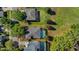 Aerial view showcases a home with a private pool, green lawn, mature trees, and the surrounding neighborhood at 5138 Rishley Run Way, Mount Dora, FL 32757