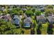 An aerial view of a neighborhood with neatly arranged homes, lush trees, and well-kept lawns at 5138 Rishley Run Way, Mount Dora, FL 32757