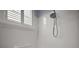Close-up of the walk-in shower featuring grab bar and window for bright natural light at 879 Lucky Ln, The Villages, FL 32162