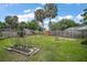 Fenced backyard with a lush lawn, garden beds, and mature palm trees under a blue sky at 1512 S Pointe Dr, Leesburg, FL 34748