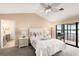 Spacious main bedroom boasts an ensuite bathroom, waterfront views and a sliding glass door to the outdoor living space at 3011 Lake Woodward Dr, Eustis, FL 32726