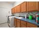 Functional laundry room featuring cabinetry, a sink, countertop, and modern washer and dryer at 3828 Arbordale Ct, Leesburg, FL 34748