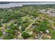 Panoramic aerial shot showcasing a neighborhood with lush green trees and residential homes on a lake at 4145 Dora Wood Dr, Mount Dora, FL 32757