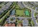 Aerial view of the community tennis courts and parking area surrounded by lush landscaping at 1047 Timbervale Trl, Clermont, FL 34715