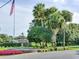 Beautiful fountain surrounded by lush landscaping and a manicured lawn with the American flag waving in the background at 25524 Maurepas Ln, Leesburg, FL 34748
