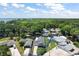Aerial view of a single-Gathering home with a lush green yard, canal, a lake with lush greenery, and beautiful blue skies at 33635 Jeffery Ct, Leesburg, FL 34788