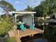 Covered dock with boat lift, waterfront access, and seating provides a relaxing outdoor space at 33635 Jeffery Ct, Leesburg, FL 34788