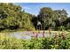 Outdoor basketball court surrounded by lush greenery and purple flowers in a recreational area at 7034 Pine Hollow Dr, Mount Dora, FL 32757