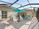 Covered backyard patio with umbrella and seating area, perfect for relaxing and enjoying the outdoors at 10069 Lake Miona Way, Oxford, FL 34484