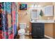 Colorful bathroom featuring a sink, toilet, and patterned shower curtain at 106 Baytree Blvd, Tavares, FL 32778