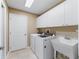 Efficient laundry room with washer, dryer, sink, and storage cabinets at 17427 Se 72Nd Overbrook Ct, The Villages, FL 32162