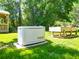 Backyard generator next to a shed and garden box at 203 Se 30Th Ave, Ocala, FL 34471