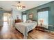 Cozy bedroom with wood flooring, a ceiling fan, and ensuite bath access at 25523 Maurepas Ln, Leesburg, FL 34748