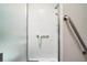 Bright shower with a handheld shower head, safety bars, a built-in niche, and a glass door at 4553 Belle Grv, Leesburg, FL 34748