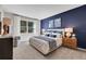 Stylishly decorated bedroom features a large window, blue accent wall, and an upholstered headboard at 5039 Abigail Dr, Lake Wales, FL 33859