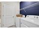 This laundry room is equipped with modern appliances and features a striking blue accent wall with wire shelving at 5039 Abigail Dr, Lake Wales, FL 33859