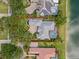 Aerial view of the property within a landscaped neighborhood with lake access, showcasing its backyard pool and surrounding greenery at 5530 Oxford Moor Blvd, Windermere, FL 34786