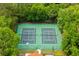Aerial view of the community tennis courts surrounded by dense trees, creating a secluded and private atmosphere at 657 Riverpark Cir, Longwood, FL 32779