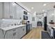 Stylish kitchen with gray cabinets, stainless steel appliances, and modern countertops at 1554 Sarus Ave, Groveland, FL 34736
