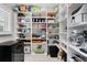 Well-organized pantry with multiple shelves, various storage containers, and a beverage cooler at 2001 Dagenais Way, The Villages, FL 32163