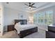 Serene bedroom featuring tray ceiling, large windows with shutters, and coordinated furnishings at 2129 Palm Tree Dr, Poinciana, FL 34759