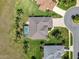 Aerial shot of a home with a screened-in pool, landscaped yard, mature palm trees and circular driveway at 27027 Old English Ct, Leesburg, FL 34748