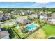 Aerial view of neighborhood pool and amenity center surrounded by residences and lush green landscaping at 644 Orange Belt Loop, Winter Garden, FL 34787