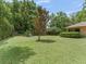 View of the open backyard area with green grass and a young tree, offering a serene outdoor setting at 7260 Se 124Th Ln, Belleview, FL 34420